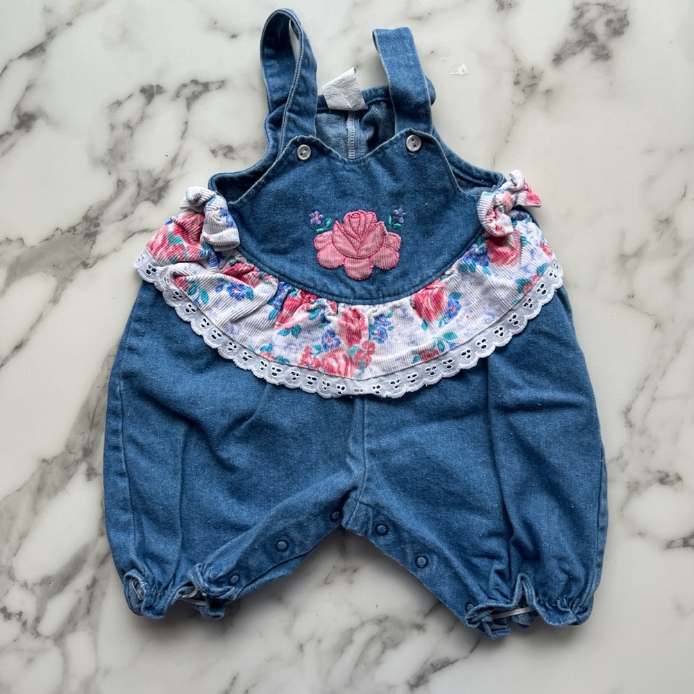 Vintage 0-6 month Floral 100% Cotton Bubble Romper Overalls EUC